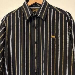 Vtg Y2K Southpole Black w/ Gold & Silver Metallic Stripes Button-Up Mens Size L